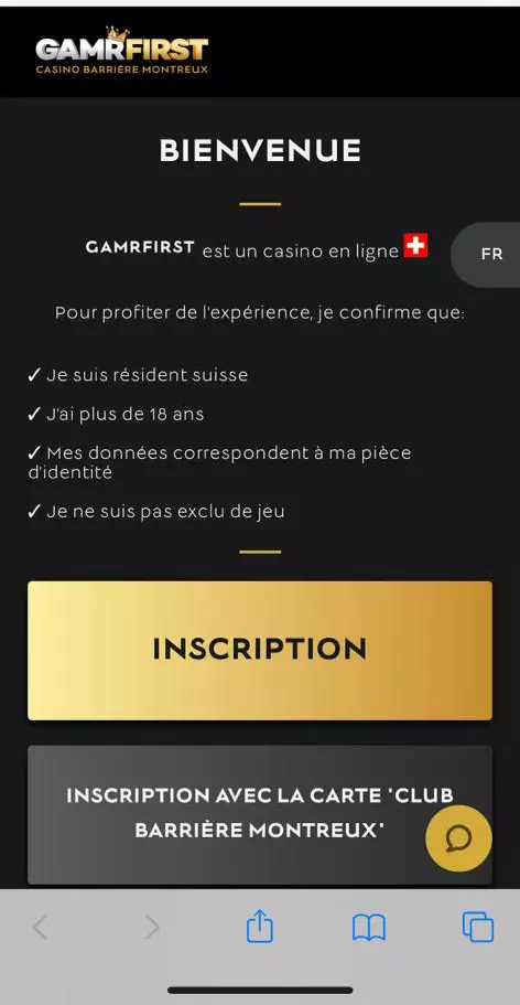 La page d'inscription de GamrFirst : Casino Barrière Montreux