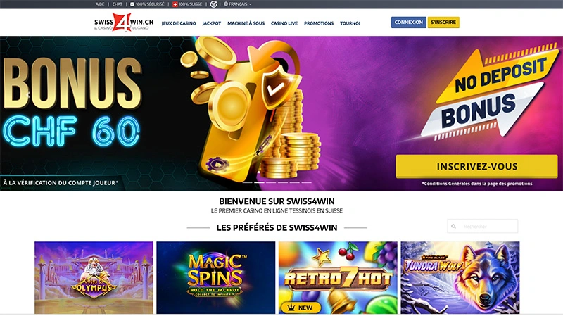 Une vue d'ensemble de la page d'accueil du casino online Swiss4win.