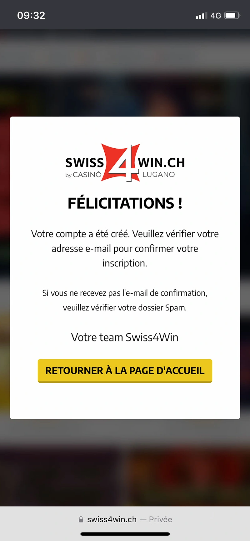 Validation de la création de compte sur Swiss4win